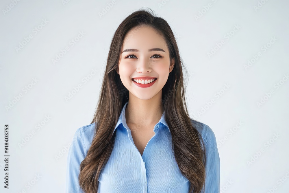 Portrait of a Smiling Woman with Long Brown Hair Wearing a Blue Shirt Portrait of a Smiling Woman with Long Brown Hair Wearing a Blue Shirt