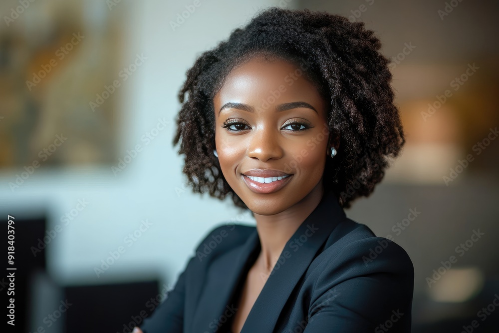 Portrait of a Smiling Black Woman with Curly Hair in a Black Blazer Portrait of a Smiling Black Woman with Curly Hair in a Black Blazer