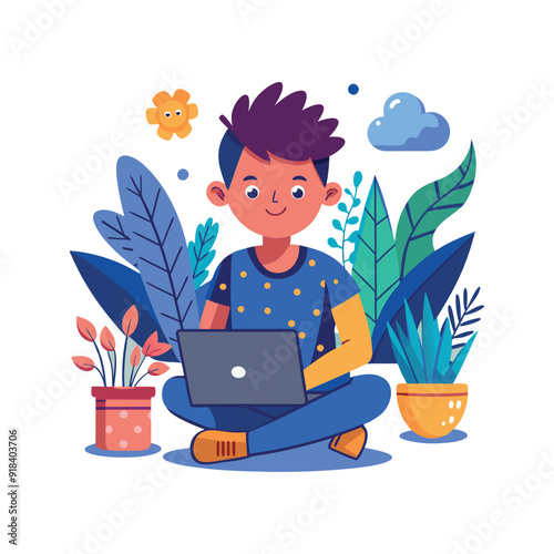 a man sitting on the ground with a laptop and plants