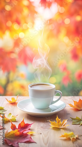 Hot cappuccino coffee cup with steam on table with leaves, blurred autumn background, romantic autumn breakfast.