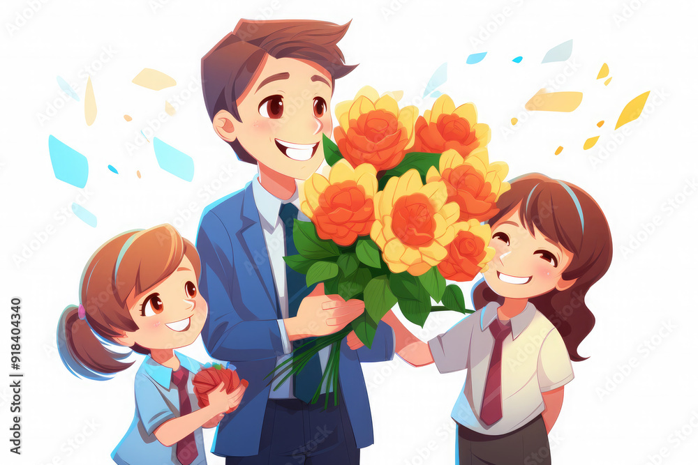 Happy students give their teacher a bouquet of flowers for Teacher's Day. Back to school. Illustration Happy students give their teacher a bouquet of flowers for Teacher's Day. Back to school. Illustration