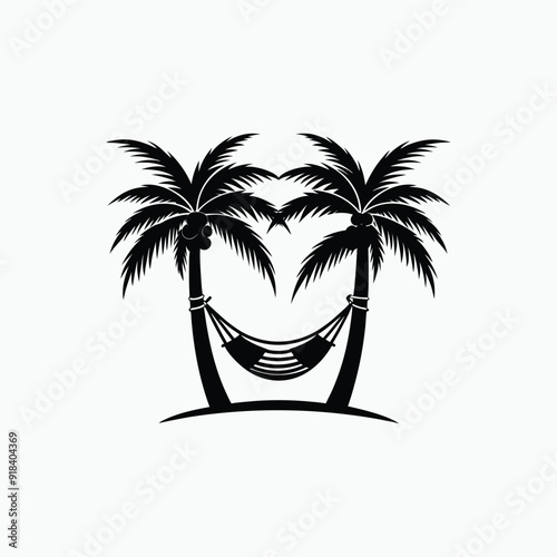 Hammock tied to two palm trees silhouette isotated on white background.