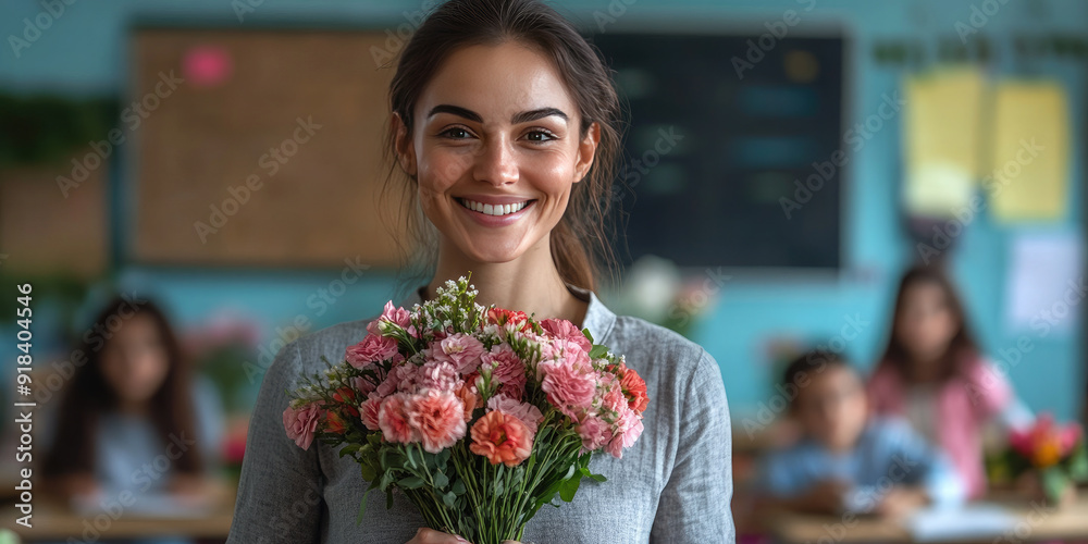 Fototapeta premium Happy young woman teacher is smiling while holding a bouquet of flowers in a classroom full of students. Teacher's day concept, back to school. Banner
