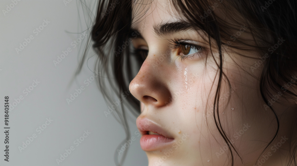 Close-up of a pensive young woman with tears, emotional and reflective moment Close-up of a pensive young woman with tears, emotional and reflective moment