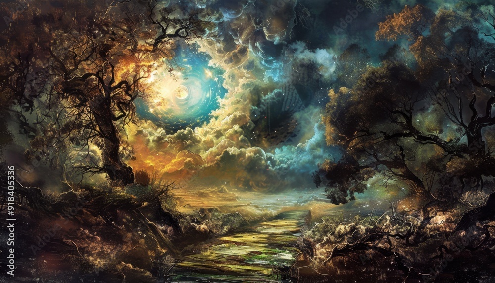 A surreal landscape with swirling clouds and bright colors at twilight near a winding river A surreal landscape with swirling clouds and bright colors at twilight near a winding river