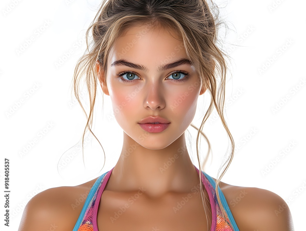 Portrait of a fit and beautiful fitness woman wearing a colorful sports bra, with her hair tied back, isolated on a white background Portrait of a fit and beautiful fitness woman wearing a colorful sports bra, with her hair tied back, isolated on a white background