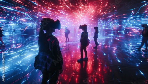 Visitors experience virtual reality in a colorful, immersive light show at an art installation during the evening