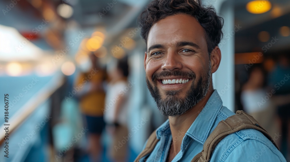 A joyful man with a backpack smiles brightly on a cruise ship, with a blurred bokeh background of people and ocean. A joyful man with a backpack smiles brightly on a cruise ship, with a blurred bokeh background of people and ocean.