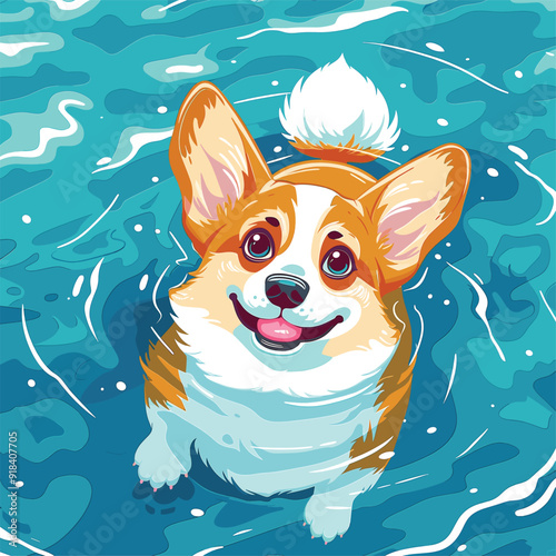 Cheerful corgi enjoying a swim, surrounded by waves.
