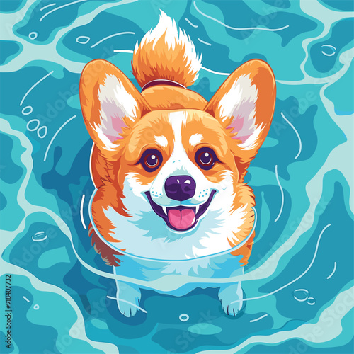 Cheerful corgi enjoying a swim, surrounded by waves.
