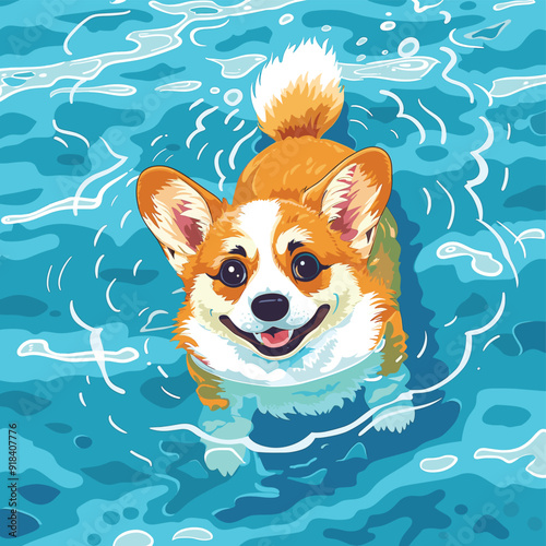 Cheerful corgi enjoying a swim, surrounded by waves.
