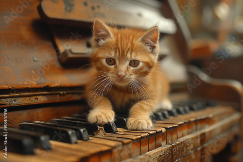 Cute ginger kitten sitting on piano keys and looking at camera, cute cat wallpaper, generative ai