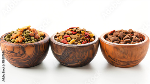 Close-up shot of three rustic wooden bowls filled with assorted dry pet food varieties, perfectly arranged on a clean