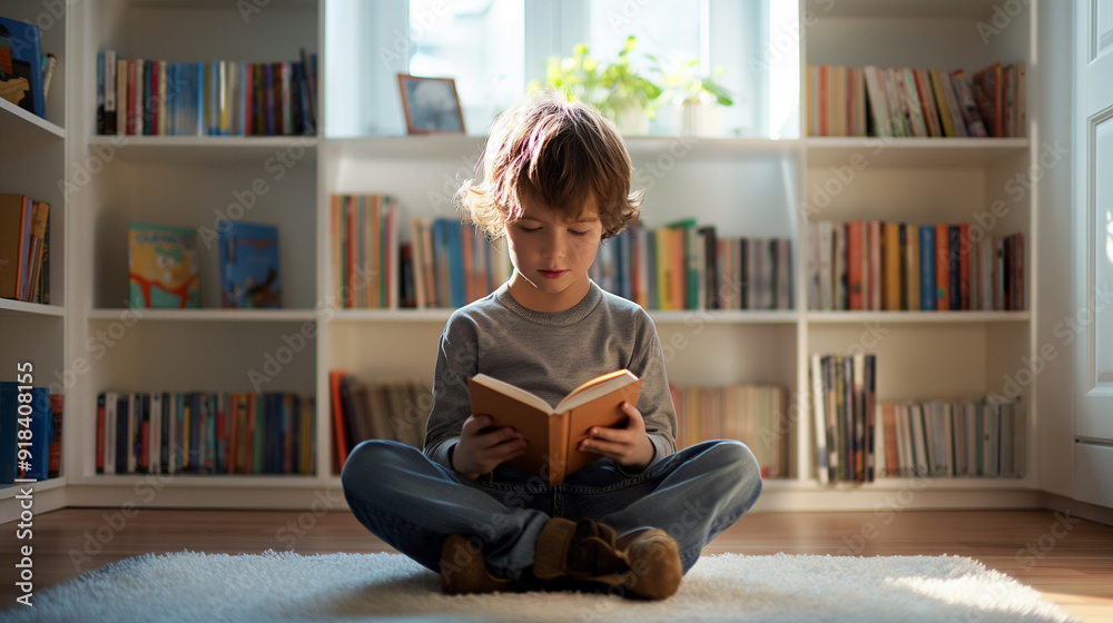 Young boy reading a book in a bright cozy room with natural light Young boy reading a book in a bright cozy room with natural light