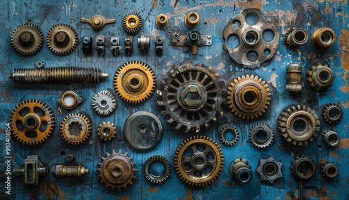 Collection of antique gears and mechanical components arranged on a weathered blue background