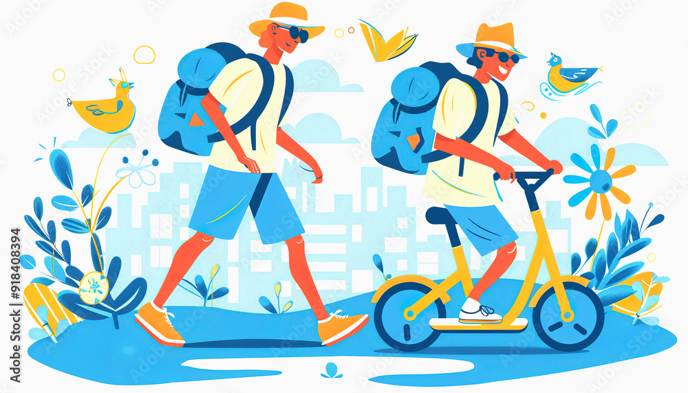 Fototapeta premium Two People Traveling: One Walking, One Riding a Scooter
