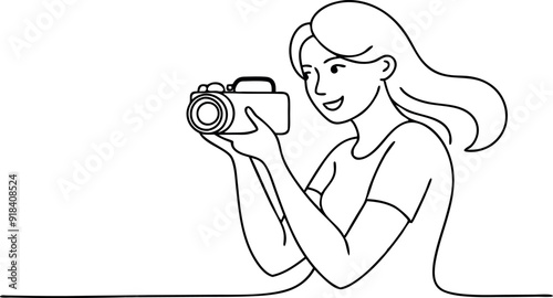 continuous single line drawing of woman with DSLR camera taking pictures, line art vector illustration