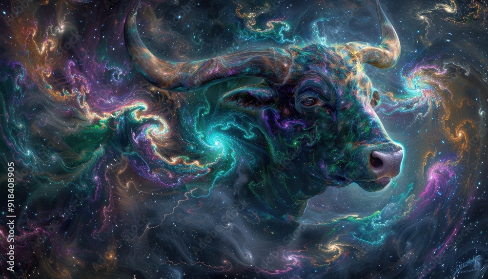 A cosmic bull amidst vibrant swirls of nebulae and stars in a colorful universe A cosmic bull amidst vibrant swirls of nebulae and stars in a colorful universe