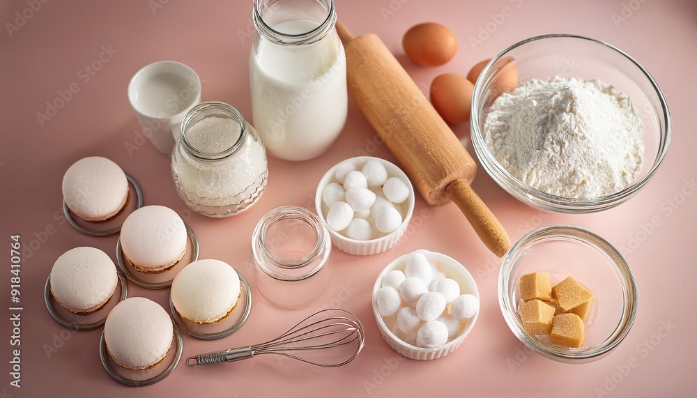 A flat lay of baking ingredients and utensils, including macarons, flour, sugar, and milk, arranged on a pastel pink background. A flat lay of baking ingredients and utensils, including macarons, flour, sugar, and milk, arranged on a pastel pink background.