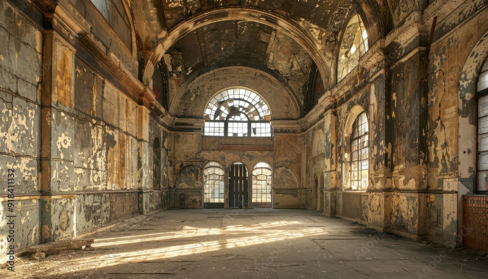 Abandoned interior of an old church showing peeling paint and sunlit arches Abandoned interior of an old church showing peeling paint and sunlit arches