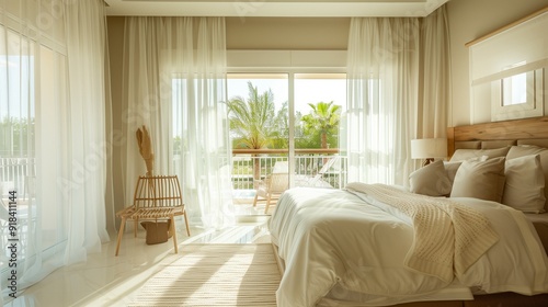 A bright and airy villa bedroom with a king-sized bed, sheer curtains, a private balcony, and modern decor in neutral tones.