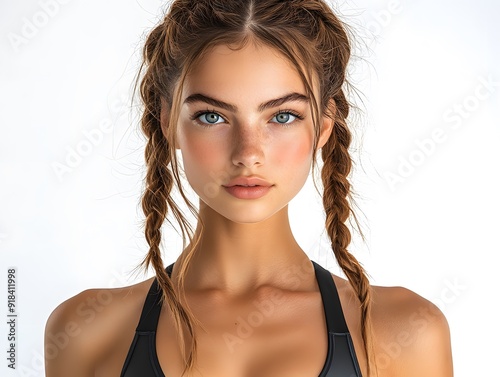 Portrait of an athletic fitness woman in a trendy sports bra, showing determination, on a white background