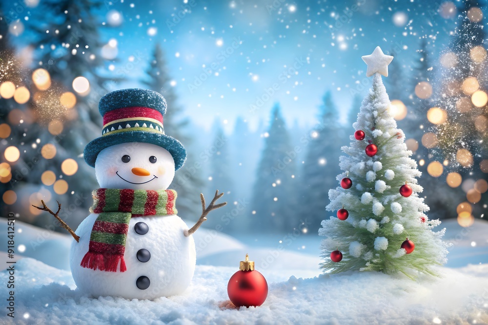 Little knitted snowman on the white snow on blue background.
Little knitted snowman on the white snow on blue background.
