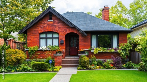 Classic red-brick home with a neat front yard and room for adding text