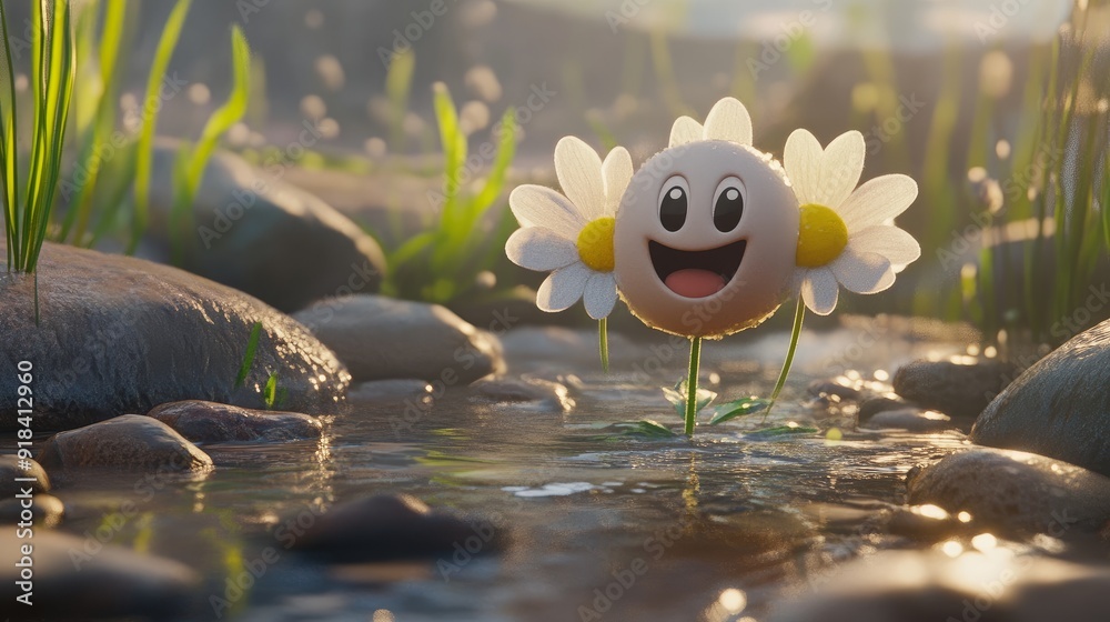 Naklejka premium Adorable daisy blossom with smiling emoticon.