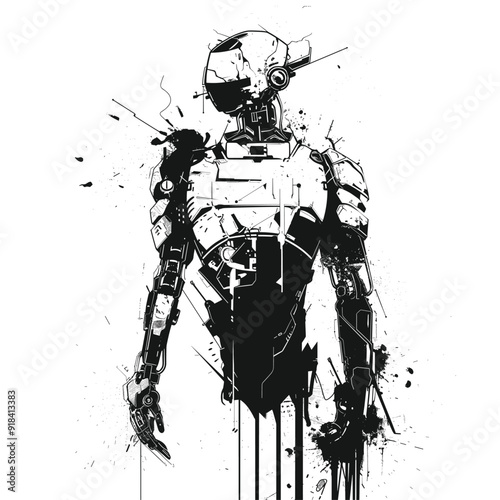 Detailed robot illustration with a splattered ink effect.
