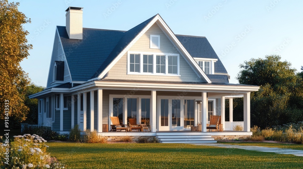 Cozy beach house with a welcoming porch and ample space for adding text Cozy beach house with a welcoming porch and ample space for adding text