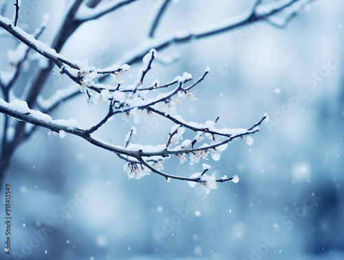 Winter background with snow-covered dry branches of plants on a blurred background