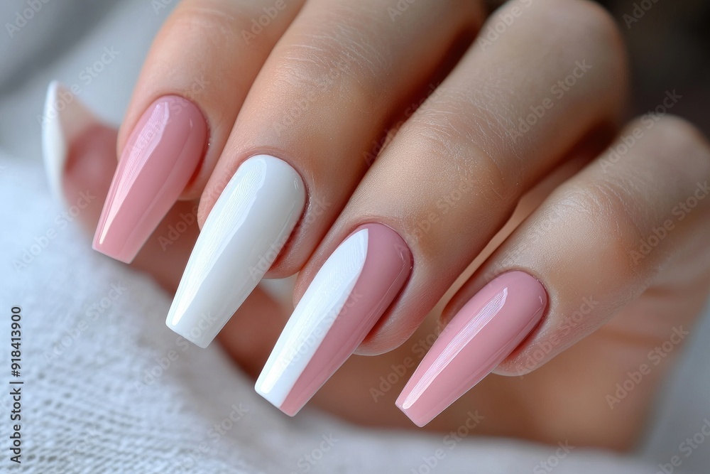Close-up of a hand with pink and white nail polish Close-up of a hand with pink and white nail polish
