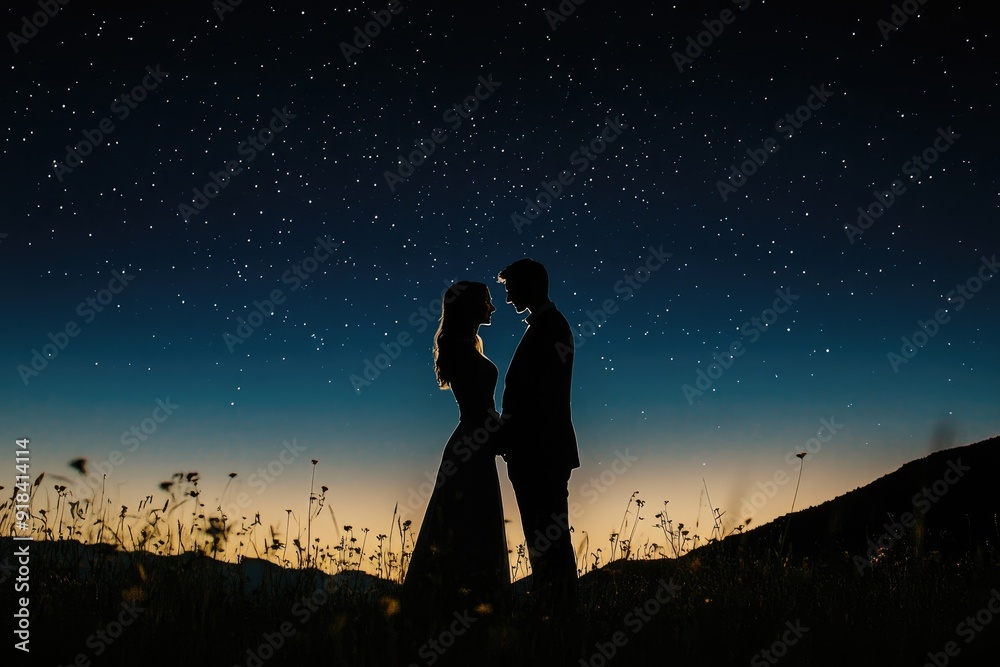 Fototapeta premium Silhouette of a Couple Under a Starry Night Sky