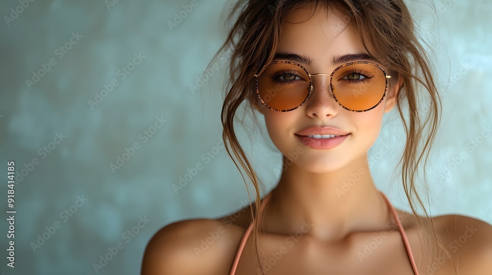 A young brunette in a minimalistic beach bra and trendy sunglasses, showing a gentle smile, isolated on transparent background A young brunette in a minimalistic beach bra and trendy sunglasses, showing a gentle smile, isolated on transparent background