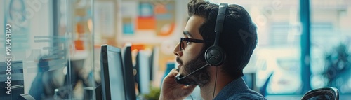 A customer service representative patiently listening to a caller, with supportive posters and motivational quotes on the walls, promoting a positive work atmosphereHighly details , 8K