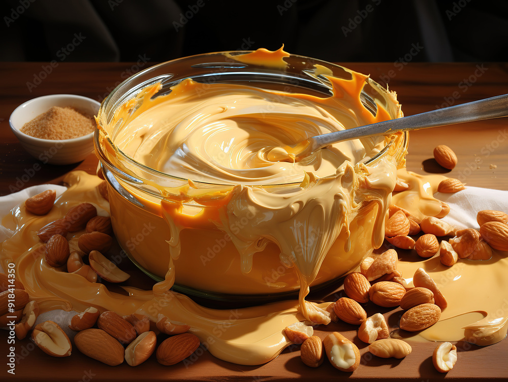 Homemade peanut butter with peanuts on grey concrete table, top view Homemade peanut butter with peanuts on grey concrete table, top view