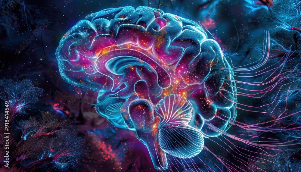 A colorful visualization of the human brain amidst a cosmic background, representing neural connections and creativity A colorful visualization of the human brain amidst a cosmic background, representing neural connections and creativity