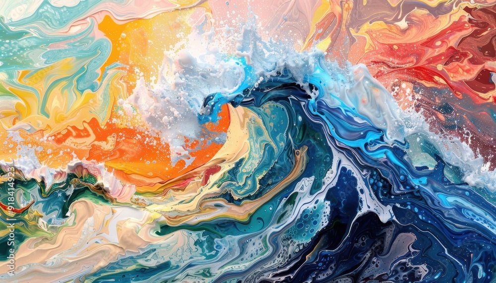 Colorful abstract ocean wave during sunset with vibrant hues of orange, blue, and teal blending seamlessly Colorful abstract ocean wave during sunset with vibrant hues of orange, blue, and teal blending seamlessly