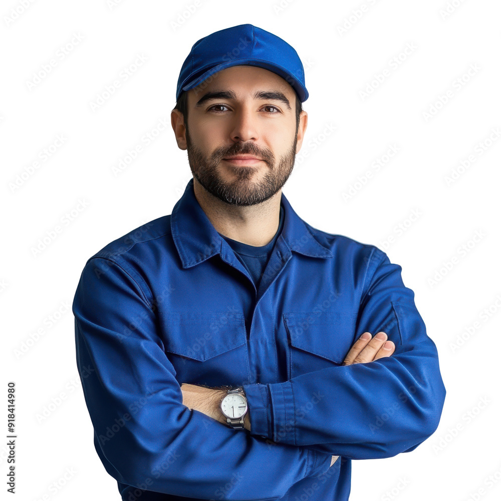 Confident mechanic in blue uniform with crossed arms, standing against a clear background, symbolizing expertise and professionalism. Confident mechanic in blue uniform with crossed arms, standing against a clear background, symbolizing expertise and professionalism.
