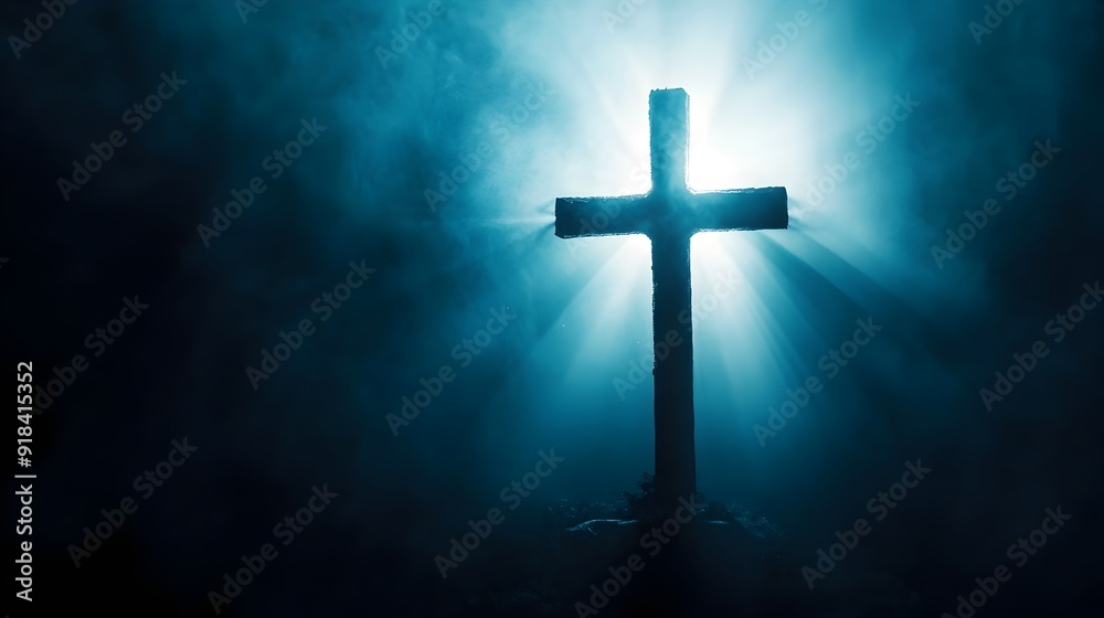 Silhouette of a cross with light rays and smoke Silhouette of a cross with light rays and smoke