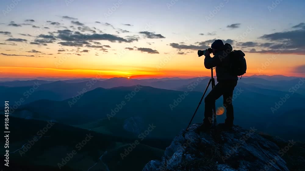 A photographer capturing the sunset from a mountain ridge A photographer capturing the sunset from a mountain ridge