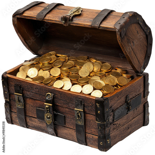 Open wooden treasure chest filled with gold coins, symbolizing wealth, discovery, and historical pirate treasure. photo