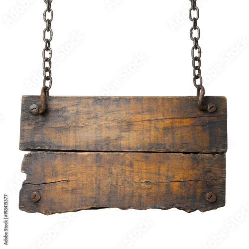 Rustic wooden sign hanging from chains, perfect for vintage, rustic, and old-fashioned themes. High-resolution stock photo.
