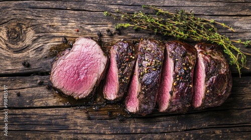 Aged venison backstrap roast, barbecued and sliced with herbs, displayed on a rustic wooden surface with ample space for text. photo