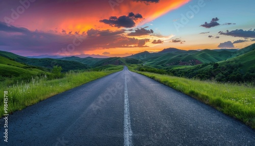 A winding road through lush green hills at sunset under a vibrant sky