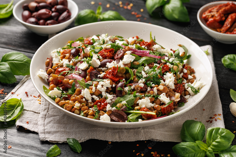 Lentil and Goats Cheese Salad with olives, onion, sun dried tomatoes and arugula. Healthy food Lentil and Goats Cheese Salad with olives, onion, sun dried tomatoes and arugula. Healthy food