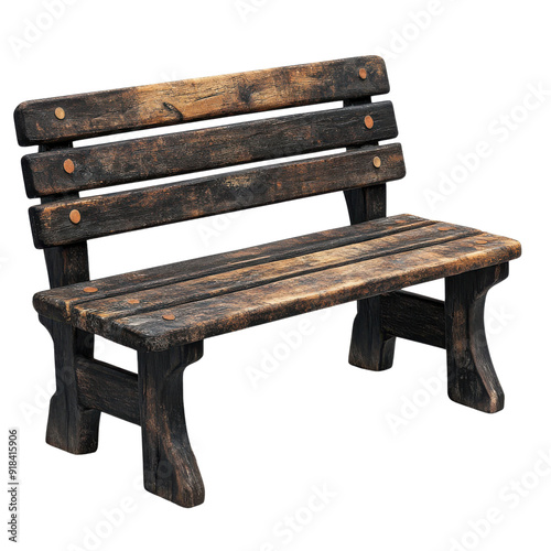 Vintage wooden bench with a rustic appearance, suitable for outdoor or garden use. Weathered texture emphasizes its antique charm.