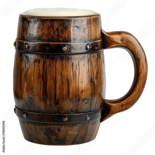 Vintage wooden beer mug isolated on white background, perfect for medieval or rustic-themed designs.