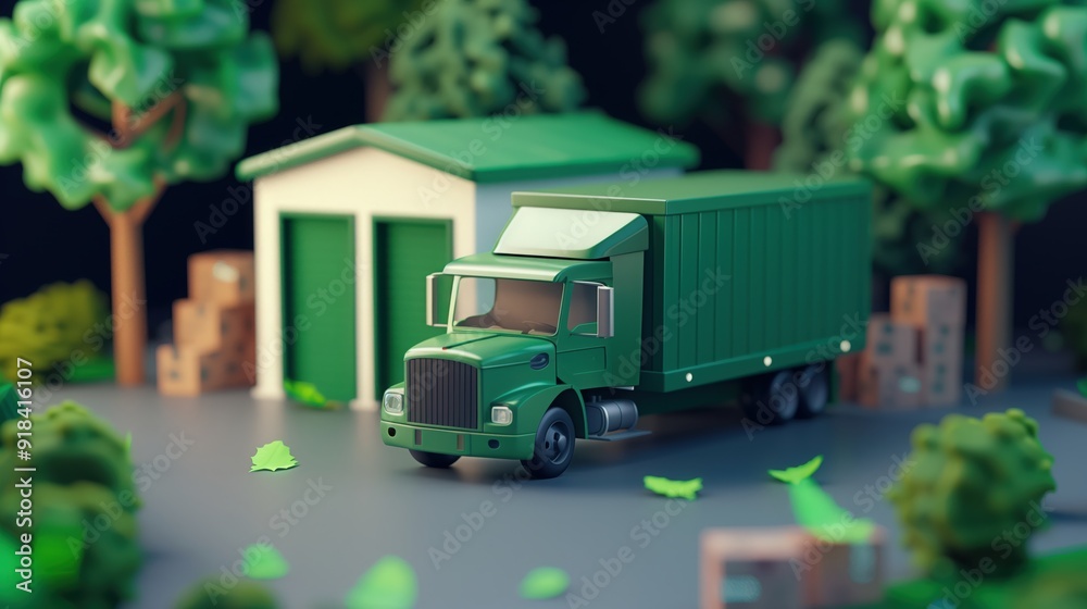 3D green truck. mini storage service next to a warehouse, representing logistics and transportation 3D green truck. mini storage service next to a warehouse, representing logistics and transportation